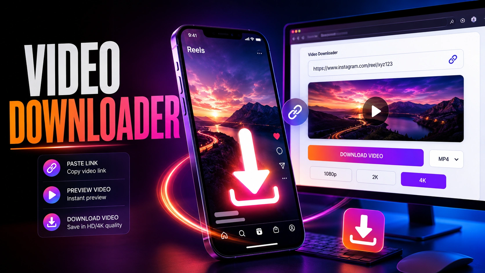 Instagram video downloader showing Reel download on smartphone and desktop browser